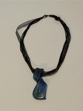 Murano Style Art Glass Ribbon Twist Pendant Necklace Boho Statement Jewelry